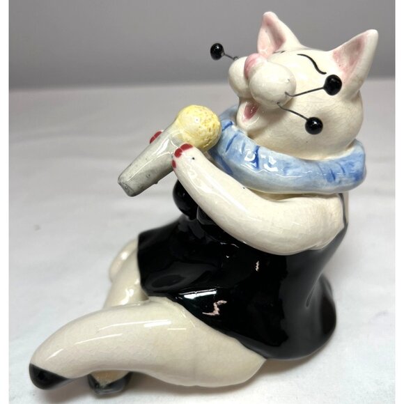 Ceramic Cat Figurine Playing Saxophone With Scarf Ornament - Picture 3 of 3